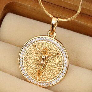 "Round Rose Gold Pendant with Jesus Design and Crystal Border, XPPT1859